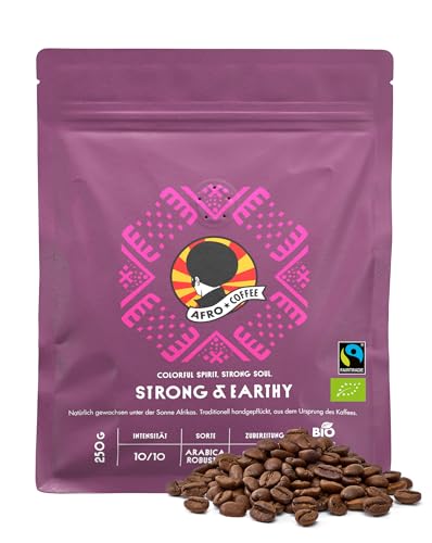 AFRO COFFEE Strong & Earthy I 250g Premium Bio Kaffeebohnen Fairtrade I Arabica & Robusta Kaffee Bohnen I Bohnenkaffee aus Ostafrika mit nussiger Note I Bohnen handgepflückt, dunkel geröstet, säurearm von Afro Coffee