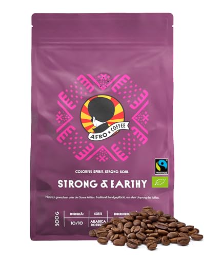 AFRO COFFEE Strong & Earthy I 500g Premium Bio Kaffeebohnen Fairtrade I Arabica & Robusta Bohnen I Bohnenkaffee aus Ostafrika mit nussiger Note I Kaffee Bohnen handgepflückt, dunkel geröstet, säurearm von Afro Coffee