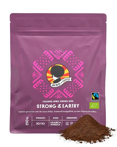 AFRO COFFEE Strong & Earthy I 250g Premium Bio Kaffeepulver Fairtrade I Arabica & Robusta Kaffee Pulver I Kaffee gemahlen aus Ostafrika mit nussiger Note I handgepflückt, dunkel geröstet, säurearm von Afro Coffee