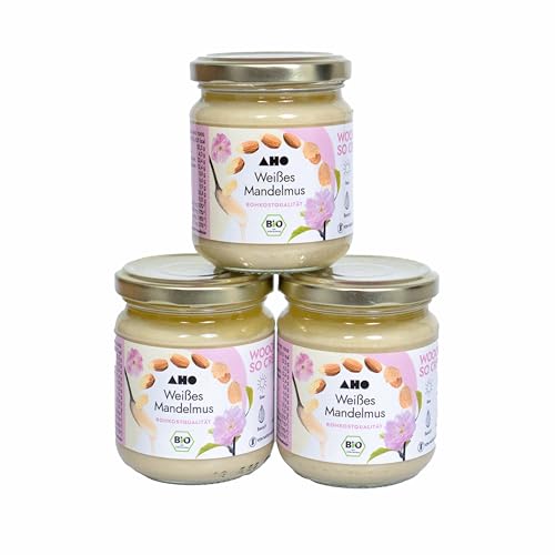 AHO Weißes Mandelmus in Rohkostqualität 3x200g Glas aus europäischen Mandeln (3x200g) von AHO