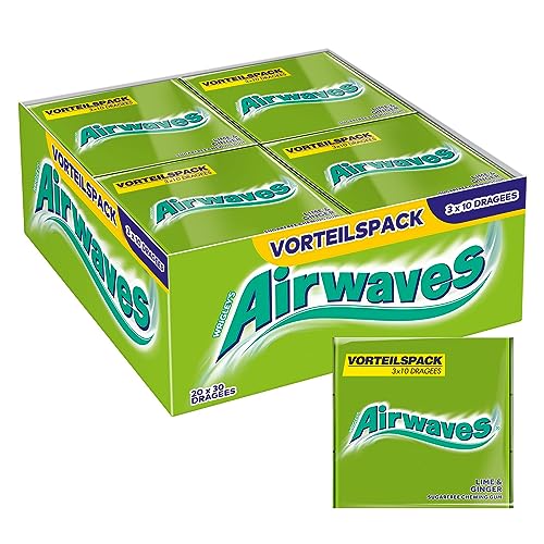 Airwaves Kaugummi, Lime und Ginger, zuckerfrei, 20 x 3 Packungen, 20 x 3 x 10 Dragees, 600 Kaugummis von AIRWAVES