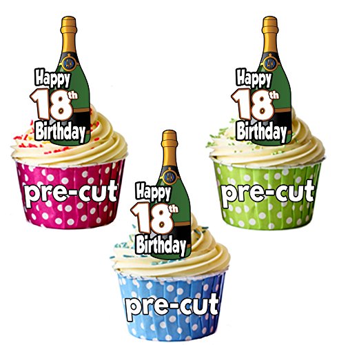 Happy 18. Geburtstag Champagner Flaschen – vorgeschnittenen essbare Cupcake Topper/Kuchen Dekorationen – Herren – Damen – Feiern – Party 24er-Pack von AK Giftshop