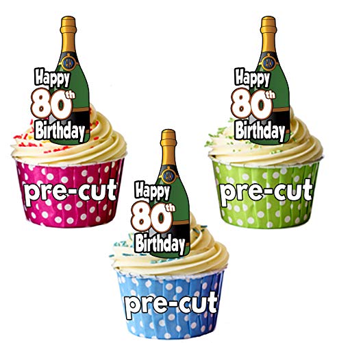 Happy 80th Birthday Champagnerflaschen – vorgeschnittene, essbare Cupcake-Topper/Kuchen-Dekorationen – Herren – Damen – Feiern – Party (48 Stück) von AK Giftshop