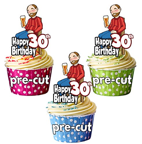 Vorgeschnittener Biertrinker – Herren 30. Geburtstag – Essbare Cupcake-Topper/Kuchen-Dekorationen (12 Stück) von AK Giftshop