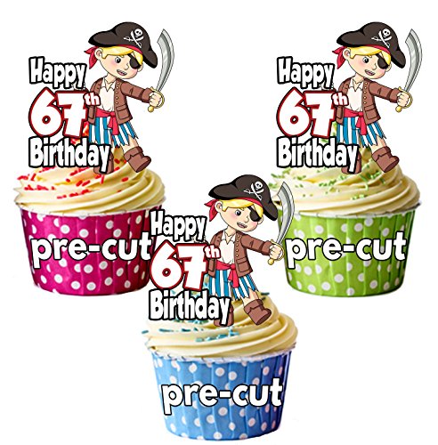 vorgeschnittenen Boy Pirat – Herren 67. Geburtstag – Essbare Cupcake Topper/Kuchen Dekorationen (12 Stück) von AK Giftshop