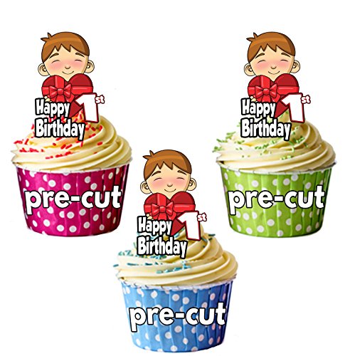 vorgeschnittenen Little Boy mit Love Herz – 1. Geburtstag – Essbare Cupcake Topper/Kuchen Dekorationen (12 Stück) von AK Giftshop