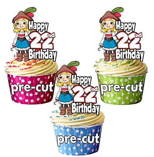 vorgeschnittenen Mädchen Pirat – Meine Damen 22 nd Birthday – Essbare Cupcake Topper/Kuchen Dekorationen (12 Stück) von AK Giftshop