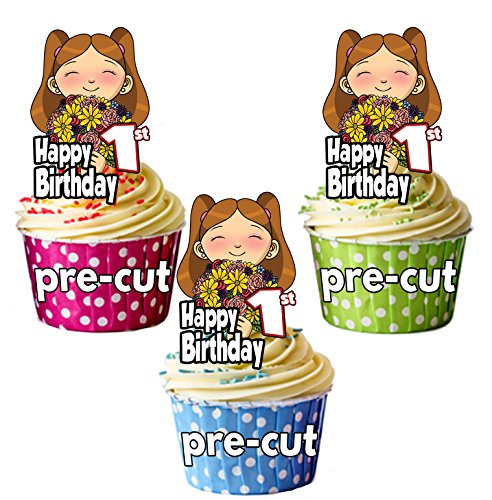 vorgeschnittenen Mädchen mit Blumen – Mädchen 1. Geburtstag – Essbare Cupcake Topper/Kuchen Dekorationen (12 Stück) von AK Giftshop