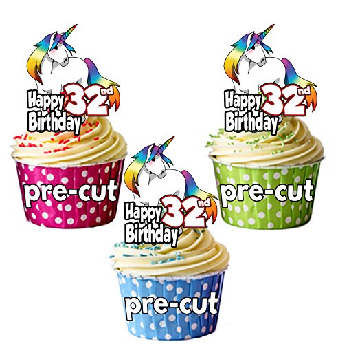 vorgeschnittenen Magical Einhorn – 32 nd Birthday – Essbare Cupcake Topper/Kuchen Dekorationen (12 Stück) von AK Giftshop