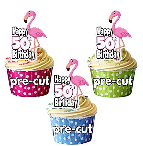 vorgeschnittenen Pink Flamingo – 50. Geburtstag – Essbare Cupcake Topper/Kuchen Dekorationen (12 Stück) von AK Giftshop