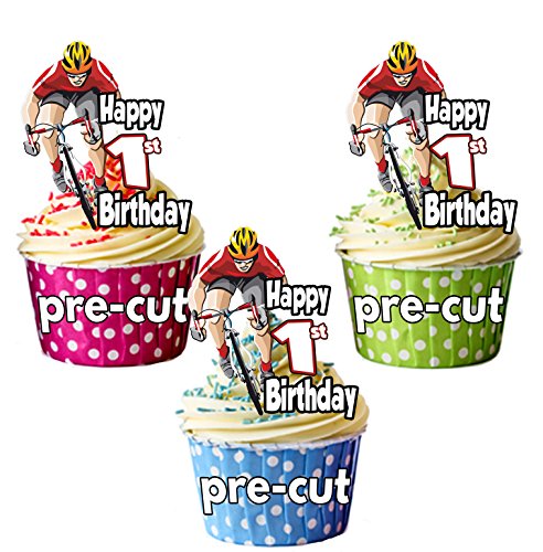 vorgeschnittenen Radfahrer Radfahren Bike Reiten Motto – 1. Geburtstag – Essbare Cupcake Topper/Kuchen Dekorationen (12 Stück) von AK Giftshop
