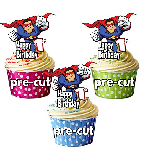 vorgeschnittenen Superheld Motto – Jungen 1. Geburtstag – Essbare Cupcake Topper/Kuchen Dekorationen (12 Stück) von AK Giftshop