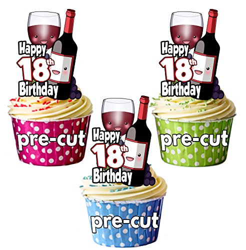 vorgeschnittenen rot Wein Flasche & Glas – 18. Geburtstag – Essbare Cupcake Topper/Kuchen Dekorationen (12 Stück) von AK Giftshop
