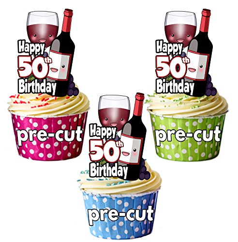 vorgeschnittenen rot Wein Flasche & Glas – 50. Geburtstag – Essbare Cupcake Topper/Kuchen Dekorationen (12 Stück) von AK Giftshop