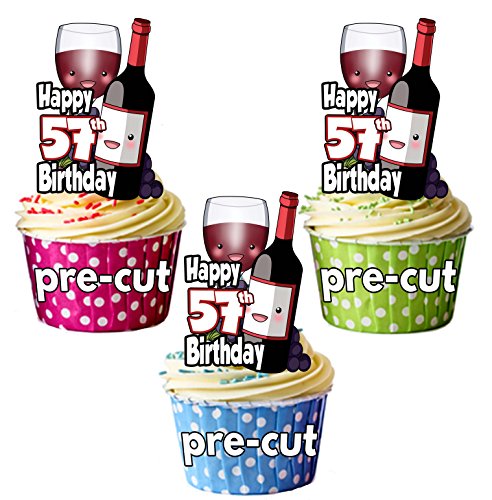 vorgeschnittenen rot Wein Flasche & Glas – 57. Geburtstag – Essbare Cupcake Topper/Kuchen Dekorationen (12 Stück) von AK Giftshop