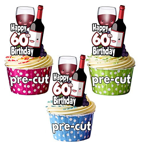 vorgeschnittenen rot Wein Flasche & Glas – 60. Geburtstag – Essbare Cupcake Topper/Kuchen Dekorationen (12 Stück) von AK Giftshop