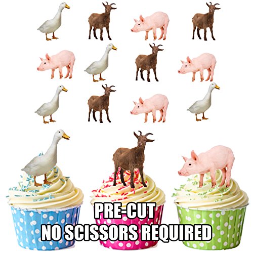 12 X Animaux de la Ferme Cochon de chèvre canard décorations comestibles en gaufrette pour cupcakes von AKGifts