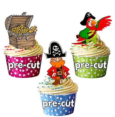 12 X Perroquet Pirate & coffre au trésor décorations comestibles en gaufrette pour gâteau avec support fixation von AKGifts