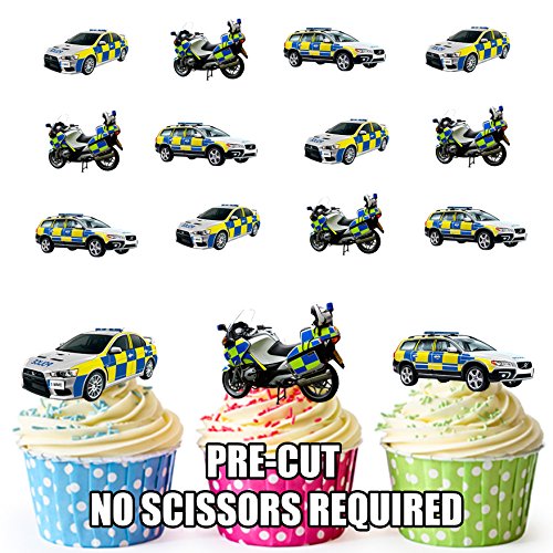 12 X Véritable véhicules de Police voiture auto moto de carte en Papier comestible prédécoupé pour décorations de gâteau avec support de fixation von AKGifts