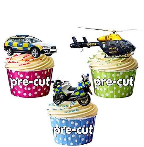 Cupcake Topper, Esspapier, Mix: Polizeiauto, Motorrad, Hubschrauber, Kuchendekorationen, 12 Stück von AKGifts