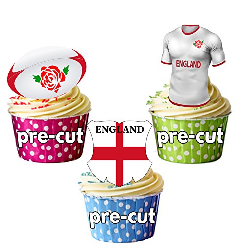 England Rugby Team Shirt, Ball und Flagge Mix – 12 Essbare Cup Cake Wafer Stück, vorgestanzt von AKGifts