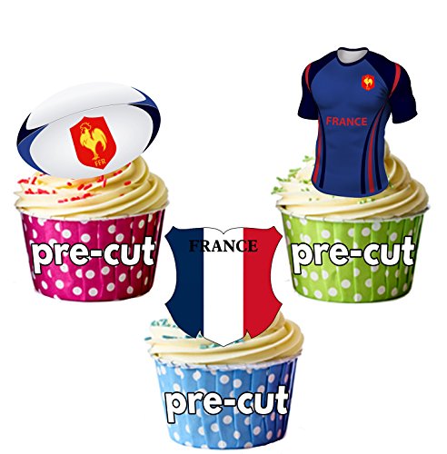 AK Giftshop Cupcake-Dekorationen, Motiv: Frankreich Rugby Team Shirt, Ball und Flagge, essbar, 12 Stück von AK Giftshop
