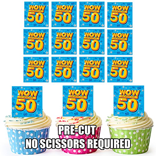 Fun 50th Birthday WOW 50 Lot de 12 décorations comestibles en gaufrette pour cupcakes von AKGifts