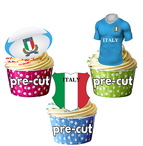 Cupcake-Topper, Motiv: Italien Rugby Team Shirt, Ball und Flagge, essbar, 12 Stück von AK Giftshop