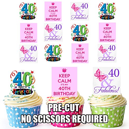 Rose Keep Calm Fun femelle 40th Birthday Mix Lot de 12 décorations comestibles en gaufrette pour cupcakes von AKGifts