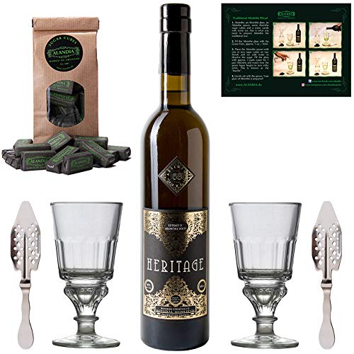 Absinth Set Heritage Verte | Premium Absinthe mit Weinalkohol destilliert | 2x Absinth-Gläser / 2x Absinth-Löffel / 1x Absinth-Zuckerwürfel | (1x 0.5 l) von ALANDIA