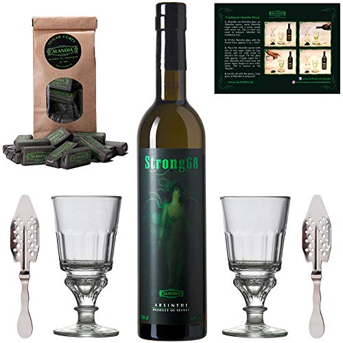 Absinth Set Strong68 | Original Absinth mit Wermut/Thujon | 2x Absinth Gläser / 2x Absinth Löffel / 1x Absinth Zuckerwürfel | (1x 0,5 l) von ALANDIA