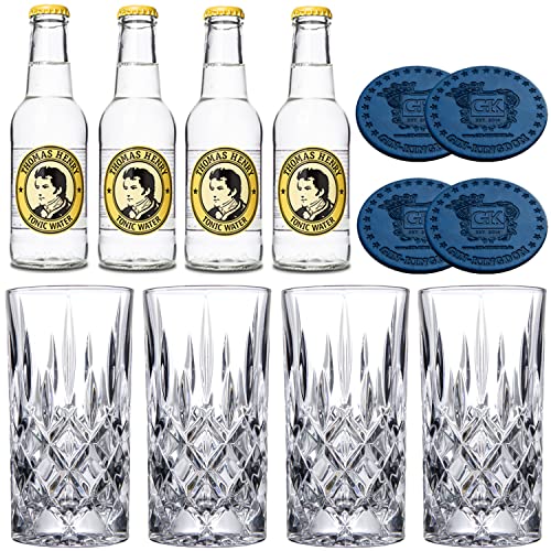 Tonic Wasser Set | Inkl. 4 Gin Gläser aus Kristall | 4 Thomas Henry Flaschen | 4 Glasuntersetzer für Gin Tonic von ALANDIA
