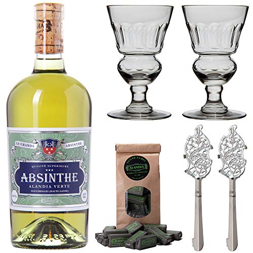 Absinth Set ALANDIA Verte | Grüner Absinth mit traditionellem 19. Jh. Rezept | 2x Absinth-Gläser / 2x Absinth-Löffel / 1x Absinth-Zuckerwürfel | (1x 0.5 l) von ALANDIA