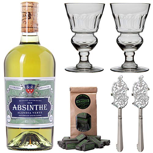 Absinth Set ALANDIA Verte | Mit Goldmedaille prämiert | Traditionelles 19. Jh. Rezept | 2x Absinth Gläser 2x Absinth Löffel 1x Absinth Zucker | (1x 0,5 l) von ALANDIA