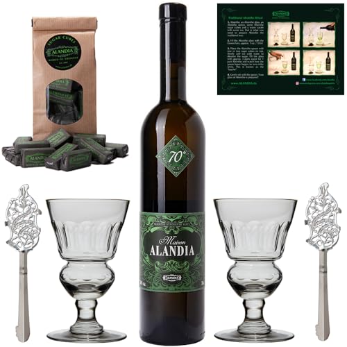 Absinth Set Maison ALANDIA | Gold prämierter Absinth aus Deutschland | Mit 16 Kräutern destilliert | 2x Gläser 2x Löffel 1x Zuckerwürfel | (1x 0,7 l) von ALANDIA