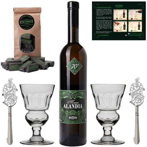 Absinth Set Maison ALANDIA | Traditioneller Absinth | Mit 16 Kräutern destilliert | 2x Absinth-Gläser 2x Absinth-Löffel 1x Absinth-Zuckerwürfel | (1x 0,7 l) von ALANDIA