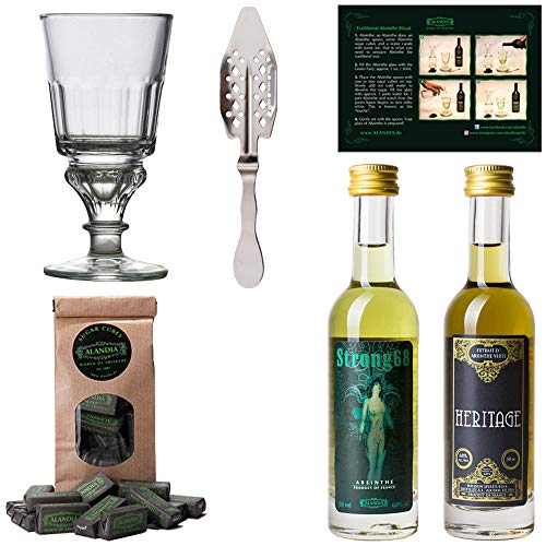 Absinth Starter Set | Komplett mit original Absinth (2x 50 ml) | 1x Absinth Glas | 1x Absinth Löffel | 1x Absinth Zucker von ALANDIA