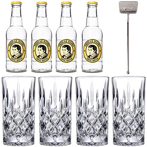 Gin Tonic Gläser 4er Set hochwertig | Gin Gläser aus Kristall | 4 Thomas Henry Tonic Wasser | Edelstahl Stirrer von ALANDIA