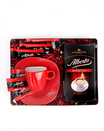ROSSO NERO Geschenkdose mit Alberto Espresso, Espressotasse, Caramellgebäck und Schokolade von ALBERTO