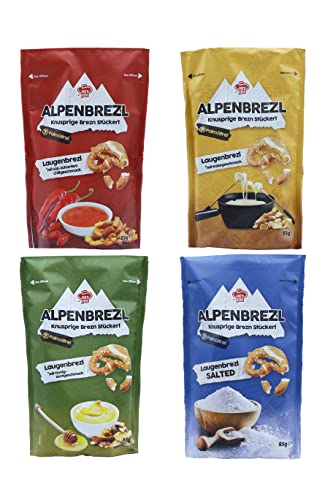Alpenbrezl 4 Sorten, Brezel Snack Party-Mix, Chili Käse Honig-Senf Salted, 28er Pack (28 x 85 g) von ALPENBREZL knusprige Brezn Stückerl