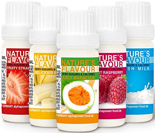 Flavour Drops Set, Flavdrops Zuckerfrei, natürliches Lebensmittelaroma, ERDBEERE, BANANE, MARACUJA, WALDHIMBEERE, MILCH Flavour Drops Set, Flavdrops Zuckerfrei, natürliches Lebensmittelaroma, ERDBEERE, BANANE, MARACUJA, WALDHIMBEERE, MILCH von ALPHAPOWER FOOD