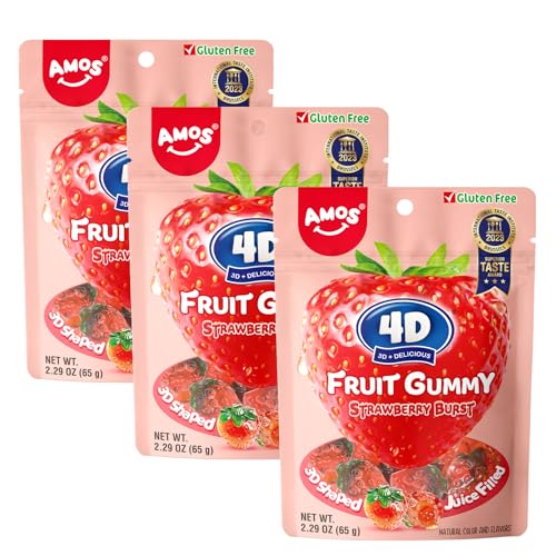 Amos 4D Fruchtgummi mit Erdbeerfüllung, Fruchtsnack mit natürlichem Erdbeeraroma, 65g Beutel (3er Pack) von AMOS