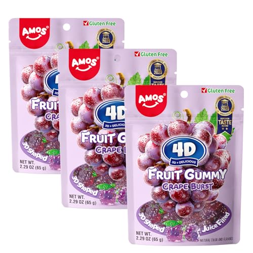 Amos 4D Gummy Traube Burst, Gummibärchen mit Traubengeschmack, Fruchtsnack mit natürlichem Geschmack, 65g Beutel (Pack of 3) von AMOS