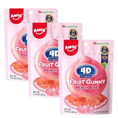 Amos 4D Gummy Peach Burst – 4D Pfirsich-Gummibonbons mit Füllung, Natürlicher Fruchtgeschmack, Halloween-Süßigkeit, 65 g Beutel (3er Pack) von AMOS