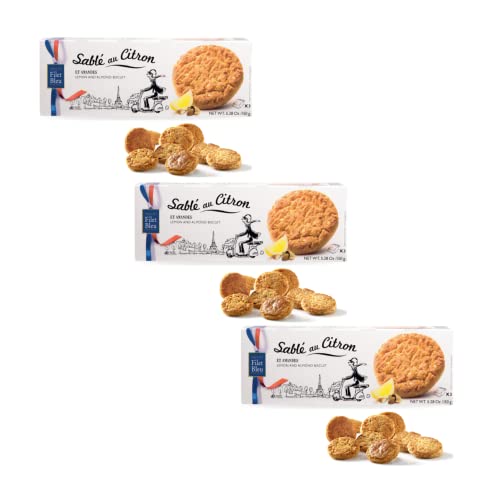Filet Bleu | 3 Schachteln mit Zitronenflocken-Keksen | Zitronen-Mandel-Shortbread-Kekse | Sablé French Cookies 3 Blister - 450 gr. | 27 Zitronen-Mandel-Shortbread-Kekse von ANTICO CAFFE' NOVECENTO