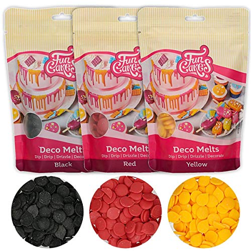 AOS Set | Funcakes Deco Melts Set - Schwarz/Rot/Gelb 750g | Deutschland-Farben | Tauchen, tropfen, nieseln und dekorieren! | Zum dekorieren von Torten, Kuchen, Kekse und Cupcakes! von AOS