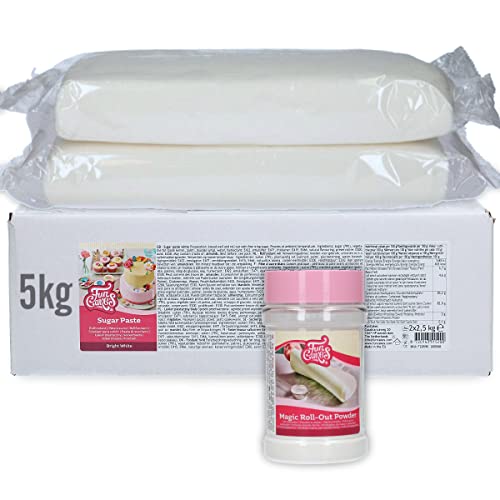 AOS Set | Funcakes Fondant 5kg (2x2,5kg) Weiß + 1x Funcakes Magic Roll-Out Powder 225g (Ausrollpuder) | Hochwertig | Vorteilspack | Einfach zu Verwenden | Flexibel | Perfekt zum Dekorieren von Torten von AOS