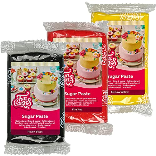 AOS Set | Funcakes Rollfondant 3er Set 750g Deutschland | 250g Schwarz & 250g Rot & 250g Gelb | einfach zu verwenden, glatt, flexibel, weich und biegsam | perfekt zum Dekorieren von Kuchen & Torten von AOS