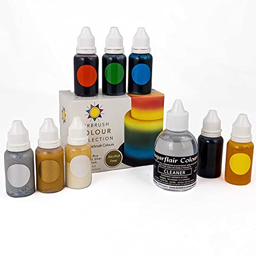 AOS Set | Sugarflair Set Airbrush Farben Alkoholfrei 8x 14ml + Reiniger 1x 60ml | Hochkonzentriert für Backen Kuchen Torten Fondant Macronen u.m. | Lebensmittelfarbe Set Food Coloring von AOS