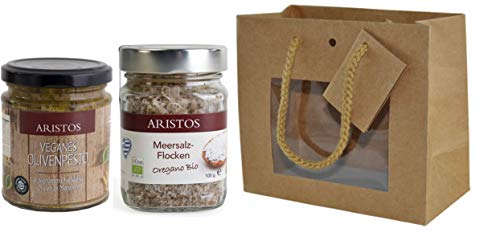 2 teiliges Geschenk Set Brotaufstrich Pesto und Finihsing Salz Meersalz Griechisches-Geschenk | ARISTOS (Salzflocken und Pesto) von ARISTOS
